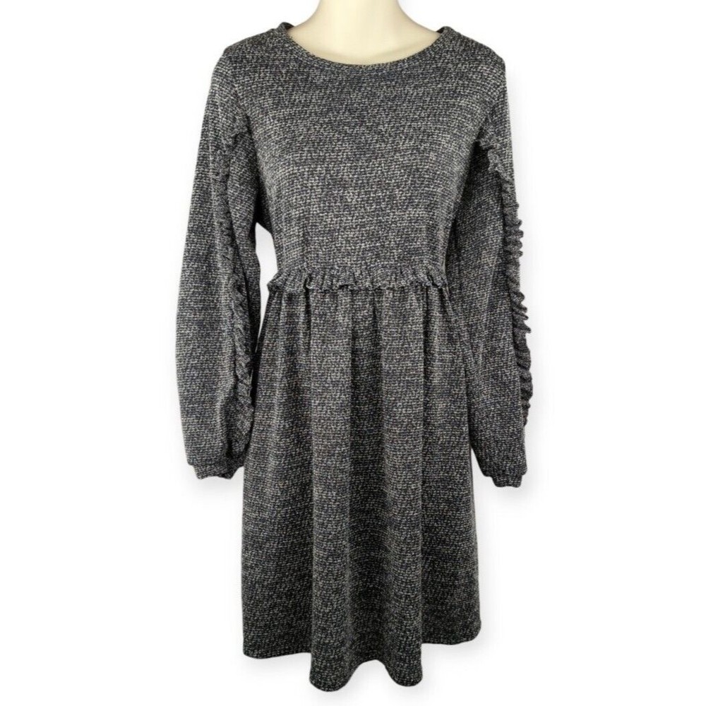 RO+DE Anthropologie Stella Marled Knit Gray Sweater Dress Balloon Slv Ruffle S - Picture 1 of 6